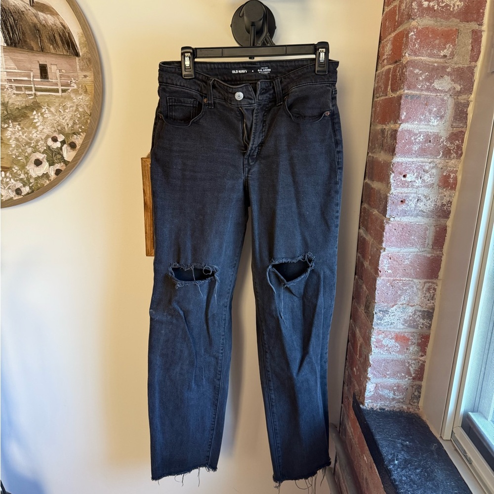 Old Navy Black Distressed Straight Leg Jeans